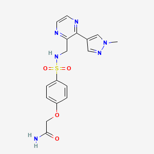 molecular formula C17H18N6O4S B2939922 2-(4-(N-((3-(1-methyl-1H-pyrazol-4-yl)pyrazin-2-yl)methyl)sulfamoyl)phenoxy)acetamide CAS No. 2034614-66-7