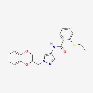molecular formula C21H21N3O3S B2939923 N-(1-((2,3-dihydrobenzo[b][1,4]dioxin-2-yl)methyl)-1H-pyrazol-4-yl)-2-(ethylthio)benzamide CAS No. 1797553-16-2