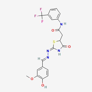 molecular formula C20H17F3N4O4S B2939954 2-((E)-2-((E)-(4-hydroxy-3-methoxybenzylidene)hydrazono)-4-oxothiazolidin-5-yl)-N-(3-(trifluoromethyl)phenyl)acetamide CAS No. 618067-04-2