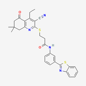 molecular formula C30H28N4O2S2 B2939985 N-(3-(benzo[d]thiazol-2-yl)phenyl)-3-((3-cyano-4-ethyl-7,7-dimethyl-5-oxo-5,6,7,8-tetrahydroquinolin-2-yl)thio)propanamide CAS No. 690269-97-7