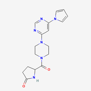 molecular formula C17H20N6O2 B2939995 5-(4-(6-(1H-pyrrol-1-yl)pyrimidin-4-yl)piperazine-1-carbonyl)pyrrolidin-2-one CAS No. 1421441-10-2