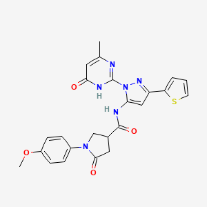 molecular formula C24H22N6O4S B2940001 1-(4-Methoxyphenyl)-N-(1-(4-methyl-6-oxo-1,6-dihydropyrimidin-2-yl)-3-(thiophen-2-yl)-1H-pyrazol-5-yl)-5-oxopyrrolidine-3-carboxamide CAS No. 1172817-60-5