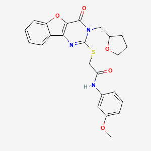 molecular formula C24H23N3O5S B2940030 N-(3-methoxyphenyl)-2-{[4-oxo-3-(tetrahydrofuran-2-ylmethyl)-3,4-dihydro[1]benzofuro[3,2-d]pyrimidin-2-yl]sulfanyl}acetamide CAS No. 899754-84-8