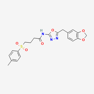 molecular formula C21H21N3O6S B2940054 N-(5-(benzo[d][1,3]dioxol-5-ylmethyl)-1,3,4-oxadiazol-2-yl)-4-tosylbutanamide CAS No. 922123-53-3