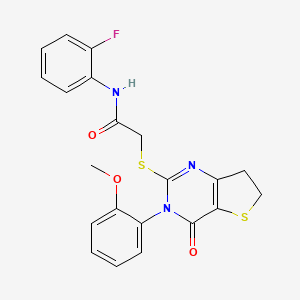 molecular formula C21H18FN3O3S2 B2940057 N-(2-fluorophenyl)-2-((3-(2-methoxyphenyl)-4-oxo-3,4,6,7-tetrahydrothieno[3,2-d]pyrimidin-2-yl)thio)acetamide CAS No. 686772-06-5