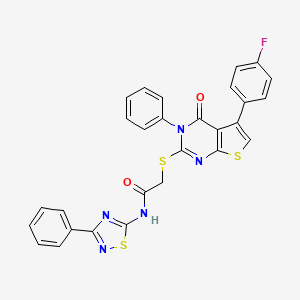 molecular formula C28H18FN5O2S3 B2940063 2-[5-(4-氟苯基)-4-氧代-3-苯基噻吩并[2,3-d]嘧啶-2-基]硫代基-N-(3-苯基-1,2,4-噻二唑-5-基)乙酰胺 CAS No. 690645-13-7