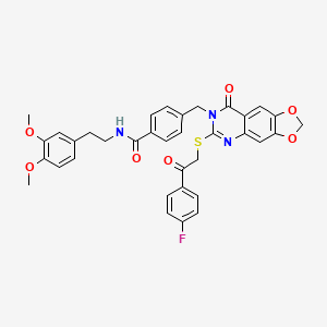 molecular formula C35H30FN3O7S B2940095 N-(3,4-dimethoxyphenethyl)-4-((6-((2-(4-fluorophenyl)-2-oxoethyl)thio)-8-oxo-[1,3]dioxolo[4,5-g]quinazolin-7(8H)-yl)methyl)benzamide CAS No. 688062-14-8