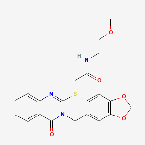 molecular formula C21H21N3O5S B2940226 2-((3-(benzo[d][1,3]dioxol-5-ylmethyl)-4-oxo-3,4-dihydroquinazolin-2-yl)thio)-N-(2-methoxyethyl)acetamide CAS No. 451464-27-0