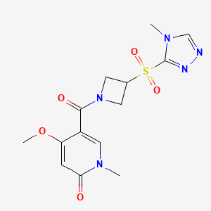 molecular formula C14H17N5O5S B2940242 4-methoxy-1-methyl-5-(3-((4-methyl-4H-1,2,4-triazol-3-yl)sulfonyl)azetidine-1-carbonyl)pyridin-2(1H)-one CAS No. 2034488-59-8