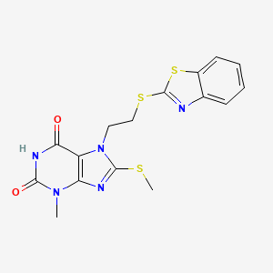 molecular formula C16H15N5O2S3 B2940247 7-[2-(1,3-Benzothiazol-2-ylsulfanyl)ethyl]-3-methyl-8-methylsulfanylpurine-2,6-dione CAS No. 868143-36-6