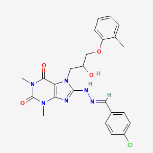 molecular formula C24H25ClN6O4 B2940255 (E)-8-(2-(4-chlorobenzylidene)hydrazinyl)-7-(2-hydroxy-3-(o-tolyloxy)propyl)-1,3-dimethyl-1H-purine-2,6(3H,7H)-dione CAS No. 374911-16-7