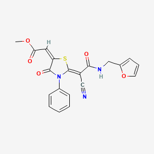 molecular formula C20H15N3O5S B2940266 (E)-methyl 2-((Z)-2-(1-cyano-2-((furan-2-ylmethyl)amino)-2-oxoethylidene)-4-oxo-3-phenylthiazolidin-5-ylidene)acetate CAS No. 799800-41-2