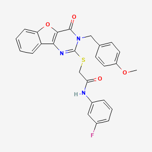 molecular formula C26H20FN3O4S B2940308 N-(3-氟苯基)-2-({5-[(4-甲氧基苯基)甲基]-6-氧代-8-氧杂-3,5-二氮杂三环[7.4.0.0^{2,7}]十三-1(9),2(7),3,10,12-戊烯-4-基}硫代)乙酰胺 CAS No. 866873-75-8