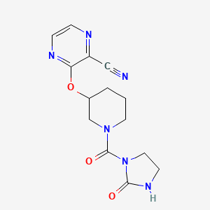 molecular formula C14H16N6O3 B2940388 3-((1-(2-Oxoimidazolidine-1-carbonyl)piperidin-3-yl)oxy)pyrazine-2-carbonitrile CAS No. 2034478-58-3