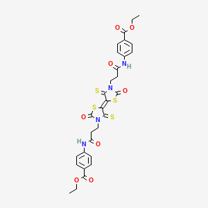 molecular formula C30H28N4O8S4 B2940499 ethyl 4-[3-[(5E)-5-[3-[3-(4-ethoxycarbonylanilino)-3-oxopropyl]-2-oxo-4-sulfanylidene-1,3-thiazolidin-5-ylidene]-2-oxo-4-sulfanylidene-1,3-thiazolidin-3-yl]propanoylamino]benzoate CAS No. 303055-70-1