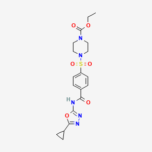 molecular formula C19H23N5O6S B2940502 4-((4-((5-环丙基-1,3,4-恶二唑-2-基)氨基甲酰基)苯基)磺酰基)-1-羧酸乙酯哌嗪 CAS No. 850935-97-6