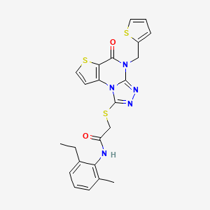 molecular formula C23H21N5O2S3 B2940530 N-(2-ethyl-6-methylphenyl)-2-((5-oxo-4-(thiophen-2-ylmethyl)-4,5-dihydrothieno[2,3-e][1,2,4]triazolo[4,3-a]pyrimidin-1-yl)thio)acetamide CAS No. 1242879-33-9