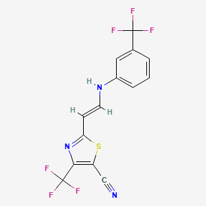 molecular formula C14H7F6N3S B2940559 4-(Trifluoromethyl)-2-{2-[3-(trifluoromethyl)anilino]vinyl}-1,3-thiazole-5-carbonitrile CAS No. 477853-72-8