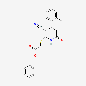 molecular formula C22H20N2O3S B2940638 Benzyl {[3-cyano-4-(2-methylphenyl)-6-oxo-1,4,5,6-tetrahydropyridin-2-yl]sulfanyl}acetate CAS No. 332050-82-5