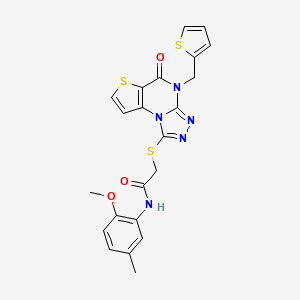 molecular formula C22H19N5O3S3 B2940652 N-(2-methoxy-5-methylphenyl)-2-((5-oxo-4-(thiophen-2-ylmethyl)-4,5-dihydrothieno[2,3-e][1,2,4]triazolo[4,3-a]pyrimidin-1-yl)thio)acetamide CAS No. 1242880-16-5