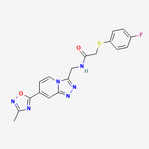 molecular formula C18H15FN6O2S B2940704 2-((4-氟苯基)硫代)-N-((7-(3-甲基-1,2,4-恶二唑-5-基)-[1,2,4]三唑并[4,3-a]吡啶-3-基)甲基)乙酰胺 CAS No. 1903142-89-1