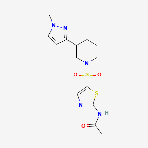 molecular formula C14H19N5O3S2 B2940756 N-(5-((3-(1-methyl-1H-pyrazol-3-yl)piperidin-1-yl)sulfonyl)thiazol-2-yl)acetamide CAS No. 2034305-41-2