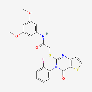 molecular formula C22H18FN3O4S2 B2940832 N-(3,5-二甲氧基苯基)-2-{[3-(2-氟苯基)-4-氧代-3,4-二氢噻吩并[3,2-d]嘧啶-2-基]硫代}乙酰胺 CAS No. 1260947-21-4