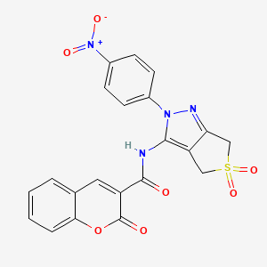 molecular formula C21H14N4O7S B2940833 N-(2-(4-硝基苯基)-5,5-二氧化-4,6-二氢-2H-噻吩并[3,4-c]吡唑-3-基)-2-氧代-2H-色满-3-甲酰胺 CAS No. 450336-62-6