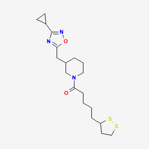 molecular formula C19H29N3O2S2 B2940864 1-(3-((3-环丙基-1,2,4-恶二唑-5-基)甲基)哌啶-1-基)-5-(1,2-二硫杂环-3-基)戊烷-1-酮 CAS No. 1705879-66-8