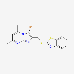 molecular formula C16H13BrN4S2 B2940870 2-(((3-Bromo-5,7-dimethylimidazo[1,2-a]pyrimidin-2-yl)methyl)thio)benzo[d]thiazole CAS No. 312614-25-8