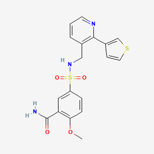 molecular formula C18H17N3O4S2 B2940871 2-methoxy-5-(N-((2-(thiophen-3-yl)pyridin-3-yl)methyl)sulfamoyl)benzamide CAS No. 2034269-52-6