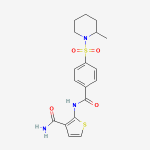 molecular formula C18H21N3O4S2 B2940908 2-(4-((2-甲基哌啶-1-基)磺酰基)苯甲酰胺)噻吩-3-甲酰胺 CAS No. 864940-97-6