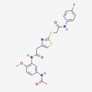molecular formula C22H21FN4O4S2 B2940973 N-(5-acetamido-2-methoxyphenyl)-2-(2-((2-((4-fluorophenyl)amino)-2-oxoethyl)thio)thiazol-4-yl)acetamide CAS No. 941980-83-2