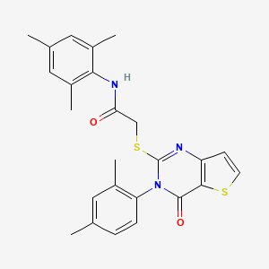 molecular formula C25H25N3O2S2 B2940987 2-{[3-(2,4-dimethylphenyl)-4-oxo-3,4-dihydrothieno[3,2-d]pyrimidin-2-yl]sulfanyl}-N-(2,4,6-trimethylphenyl)acetamide CAS No. 1261017-70-2