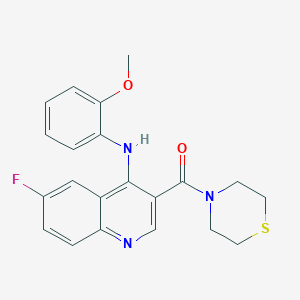 molecular formula C21H20FN3O2S B2941072 (6-氟-4-((2-甲氧基苯基)氨基)喹啉-3-基)(硫代吗啉)甲酮 CAS No. 1359394-21-0