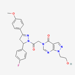 molecular formula C25H23FN6O4 B2941101 5-(2-(5-(4-氟苯基)-3-(4-甲氧基苯基)-4,5-二氢-1H-吡唑-1-基)-2-氧代乙基)-1-(2-羟乙基)-1H-吡唑并[3,4-d]嘧啶-4(5H)-酮 CAS No. 899971-86-9