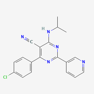 molecular formula C19H16ClN5 B2941178 4-(4-Chlorophenyl)-6-(isopropylamino)-2-(3-pyridinyl)-5-pyrimidinecarbonitrile CAS No. 320417-88-7