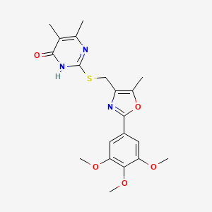 molecular formula C20H23N3O5S B2941202 5,6-Dimethyl-2-(((5-methyl-2-(3,4,5-trimethoxyphenyl)oxazol-4-yl)methyl)thio)pyrimidin-4-ol CAS No. 1040646-64-7