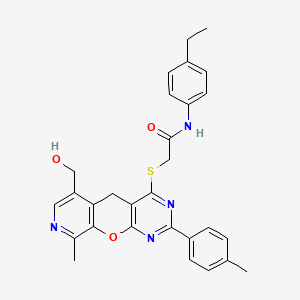 molecular formula C29H28N4O3S B2941264 N-(4-ethylphenyl)-2-{[6-(hydroxymethyl)-9-methyl-2-(4-methylphenyl)-5H-pyrido[4',3':5,6]pyrano[2,3-d]pyrimidin-4-yl]thio}acetamide CAS No. 892384-91-7