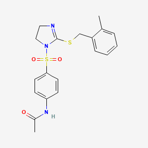 molecular formula C19H21N3O3S2 B2941301 N-[4-[[2-[(2-甲苯基)甲基硫代]-4,5-二氢咪唑-1-基]磺酰基]苯基]乙酰胺 CAS No. 868217-25-8