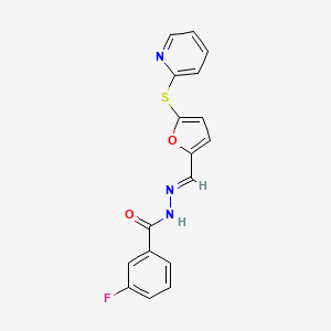3-fluoro-N-[(E)-(5-pyridin-2-ylsulfanylfuran-2-yl)methylideneamino]benzamide