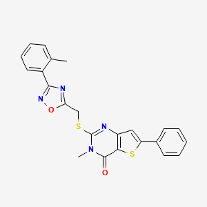 molecular formula C23H18N4O2S2 B2941349 3-methyl-6-phenyl-2-(((3-(o-tolyl)-1,2,4-oxadiazol-5-yl)methyl)thio)thieno[3,2-d]pyrimidin-4(3H)-one CAS No. 1105240-55-8
