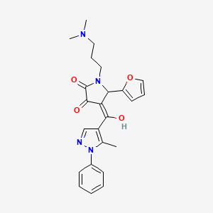 molecular formula C24H26N4O4 B2941386 (4E)-1-[3-(dimethylamino)propyl]-5-(furan-2-yl)-4-[hydroxy-(5-methyl-1-phenylpyrazol-4-yl)methylidene]pyrrolidine-2,3-dione CAS No. 1010870-56-0