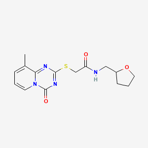 molecular formula C15H18N4O3S B2941429 2-((9-methyl-4-oxo-4H-pyrido[1,2-a][1,3,5]triazin-2-yl)thio)-N-((tetrahydrofuran-2-yl)methyl)acetamide CAS No. 896342-39-5