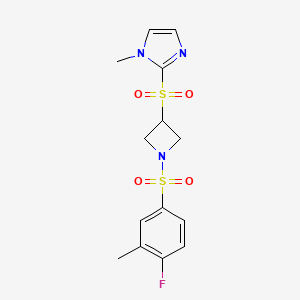 molecular formula C14H16FN3O4S2 B2941501 2-((1-((4-氟-3-甲基苯基)磺酰基)氮杂环丁-3-基)磺酰基)-1-甲基-1H-咪唑 CAS No. 2034430-02-7