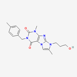 molecular formula C20H23N5O3 B2941546 8-(3-hydroxypropyl)-1,7-dimethyl-3-(4-methylbenzyl)-1H-imidazo[2,1-f]purine-2,4(3H,8H)-dione CAS No. 915928-37-9