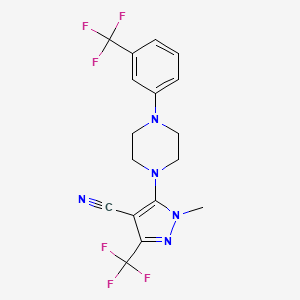 molecular formula C17H15F6N5 B2941555 1-methyl-3-(trifluoromethyl)-5-{4-[3-(trifluoromethyl)phenyl]piperazino}-1H-pyrazole-4-carbonitrile CAS No. 324009-08-7