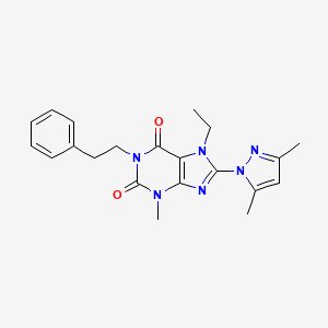 molecular formula C21H24N6O2 B2941558 8-(3,5-dimethyl-1H-pyrazol-1-yl)-7-ethyl-3-methyl-1-phenethyl-1H-purine-2,6(3H,7H)-dione CAS No. 1013876-48-6
