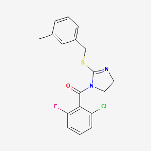 molecular formula C18H16ClFN2OS B2941625 (2-Chloro-6-fluorophenyl)-[2-[(3-methylphenyl)methylsulfanyl]-4,5-dihydroimidazol-1-yl]methanone CAS No. 851803-48-0