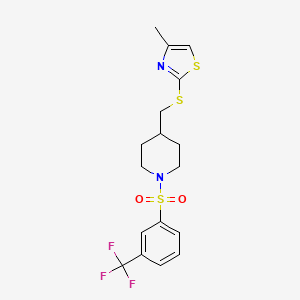 molecular formula C17H19F3N2O2S3 B2941632 4-甲基-2-(((1-((3-(三氟甲基)苯基)磺酰基)哌啶-4-基)甲基)硫代)噻唑 CAS No. 1428357-85-0